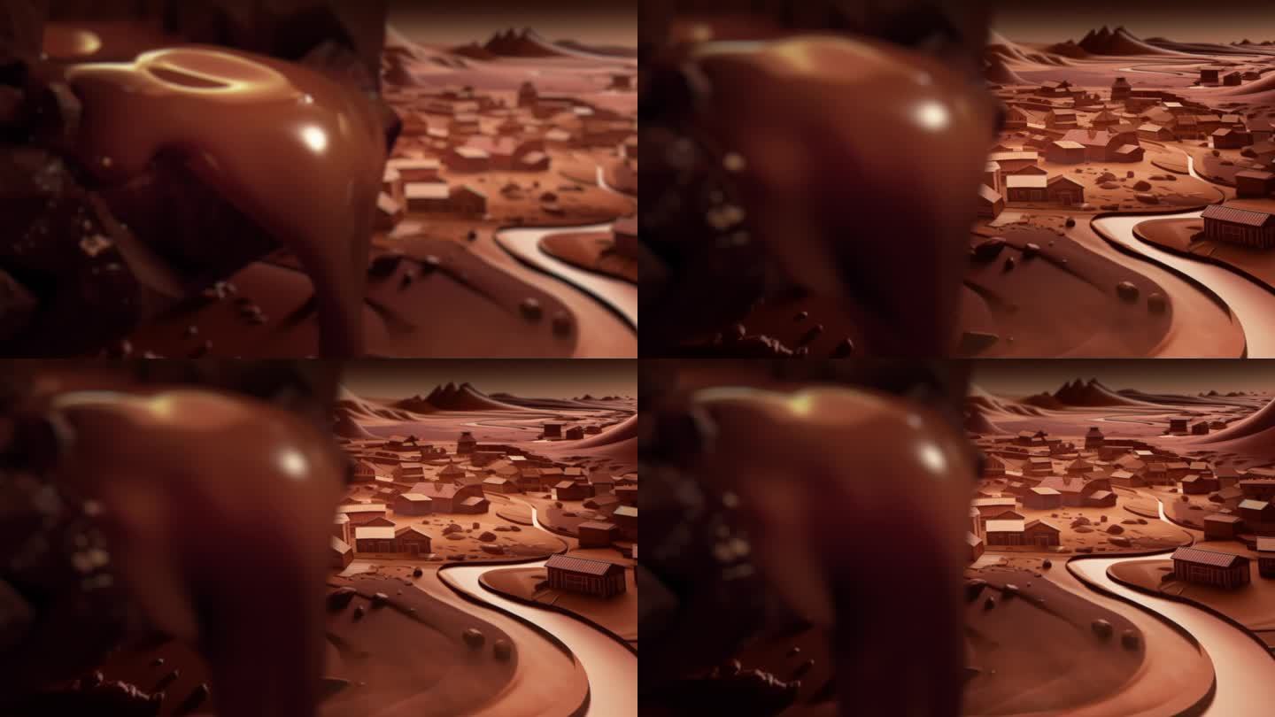 巧克力的峡谷。液体的甜巧克力河像瀑布一样落在巧克力山的山谷景观中
