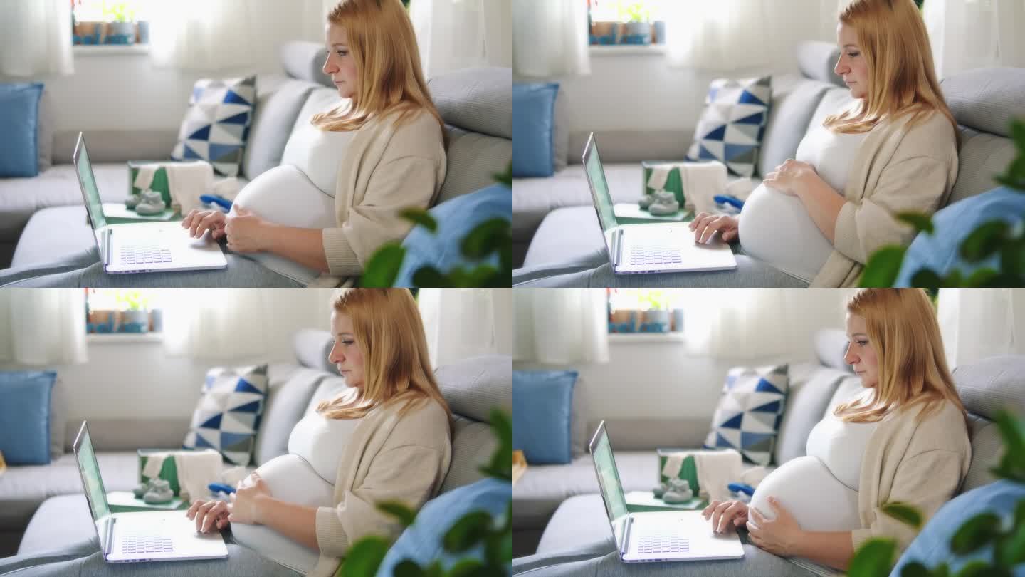 孕妇在家里客厅沙发上用笔记本电脑工作