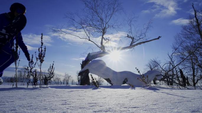 人拿着单板滑雪板从雪地走过