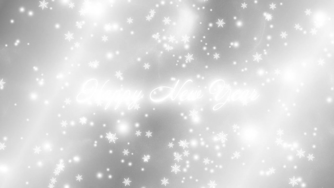 新年快乐的祝福文字和白色的颗粒，而发光的白色雪花从上到下落在红色的渐变背景。运动图形。抽象的背景。