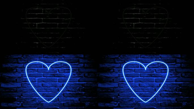 霓虹灯爱心边界符号动画运动图形现代砖墙背景。霓虹灯矩形边框与空白复制空间