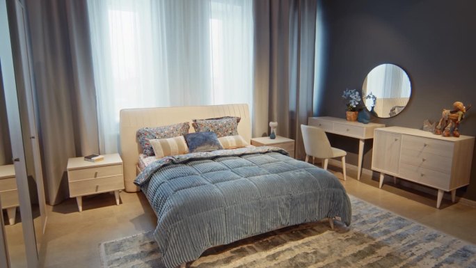 现代带家具的卧室由蓝色制成
