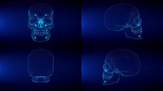 蓝色闪耀人类头骨线框全息图扫描效果与光耀斑闪烁粒子三维旋转运动视图
