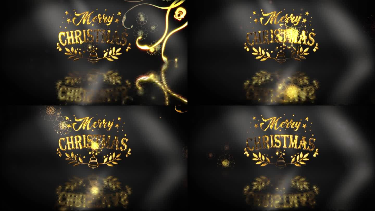 金色的文字圣诞快乐与美丽的发光雪花粒子动画电影标题背景。圣诞快乐新年开幕动画背景。