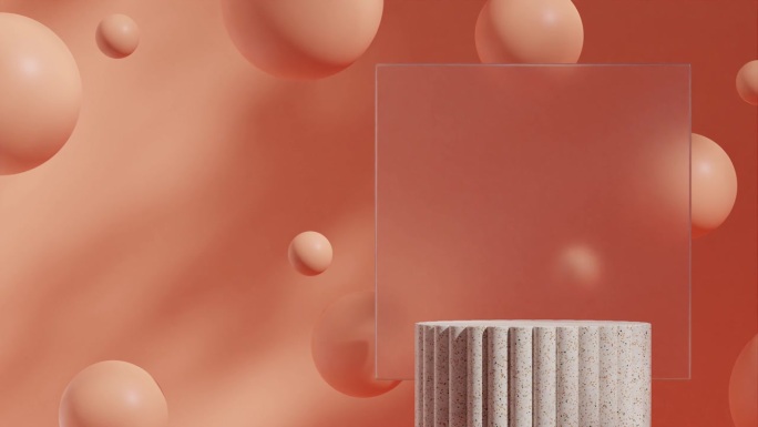 模型模板水磨石图案讲台与无缝阴影动画循环浮动橙色球，磨砂玻璃，3d视频渲染