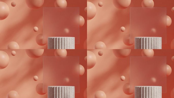 模型模板水磨石图案讲台与无缝阴影动画循环浮动橙色球，磨砂玻璃，3d视频渲染