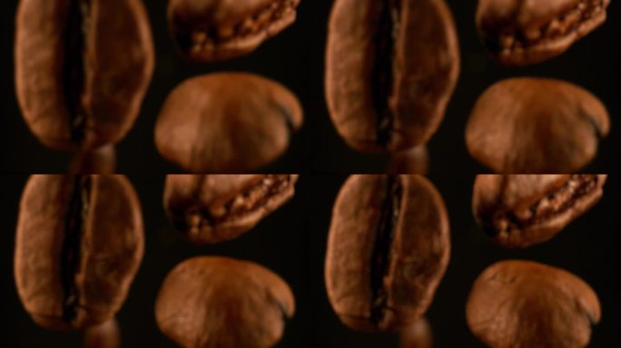 咖啡豆掉落的慢动作，黑色背景