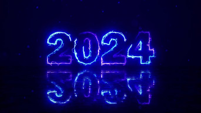 2024年霓虹动画新年快乐。明亮的多色发光数字2024在蓝色背景上闪烁闪烁。用彩色的霓虹灯发光的派对