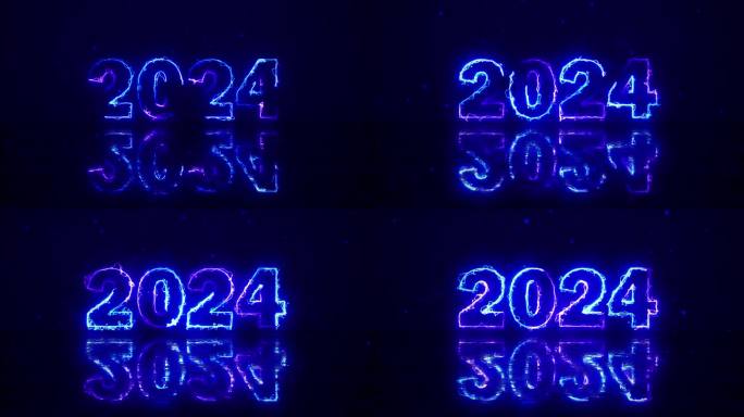 2024年霓虹动画新年快乐。明亮的多色发光数字2024在蓝色背景上闪烁闪烁。用彩色的霓虹灯发光的派对
