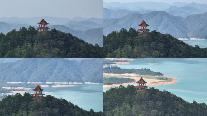 航拍水库湖边山顶小塔旅游景点百色雄风塔