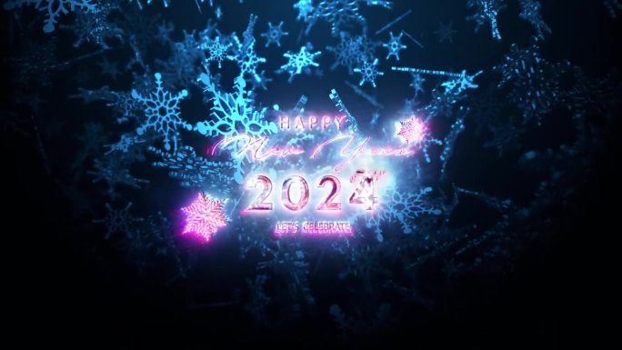 2024新年快乐粉红色霓虹文字与下降辉光蓝色雪花电影标题抽象背景。2024年新年快乐照耀文字冬光。节
