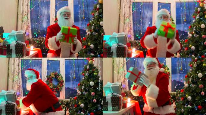快乐的圣诞老人拿着礼盒，站在节日装饰的房间里，给每个人带来惊喜