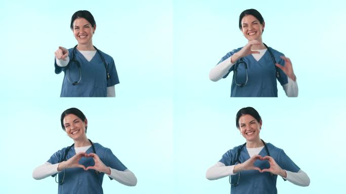医疗保健，微笑和一个心脏的手，护士指着你在蓝色背景的工作室照顾。肖像、医学投票和心脏病学选择一个快乐