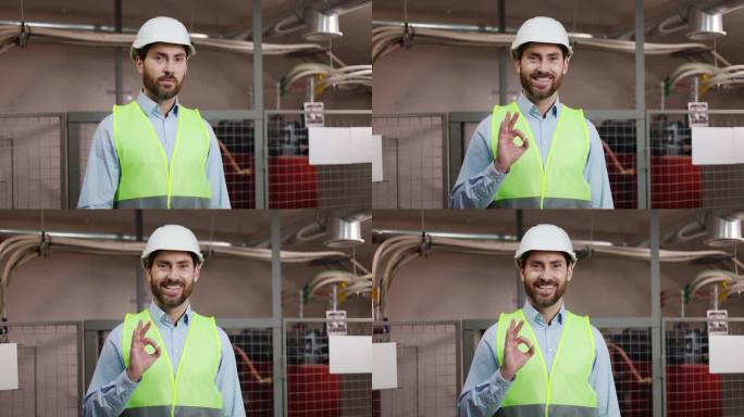 快乐的白人技术员，承包商，戴安全帽的机械师，电工，展示着ok的手势，做得好，推荐ok的标志工厂工作，
