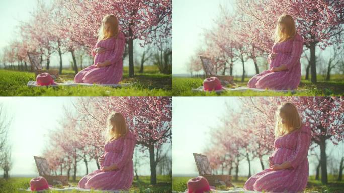 安详的孕妇穿着粉色连衣裙在春天的果园里野餐