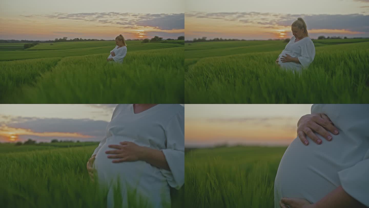 日出时，孕妇站在田园般的绿色麦田里