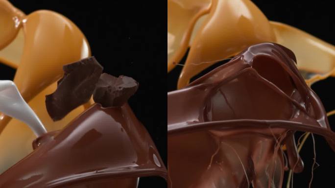 巧克力焦糖和牛奶滴的超级慢动作飞溅，巧克力碎片落入混合物中