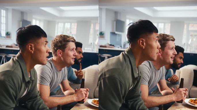 一群失望的男性朋友在家里看电视上的体育比赛和披萨的垂直视频