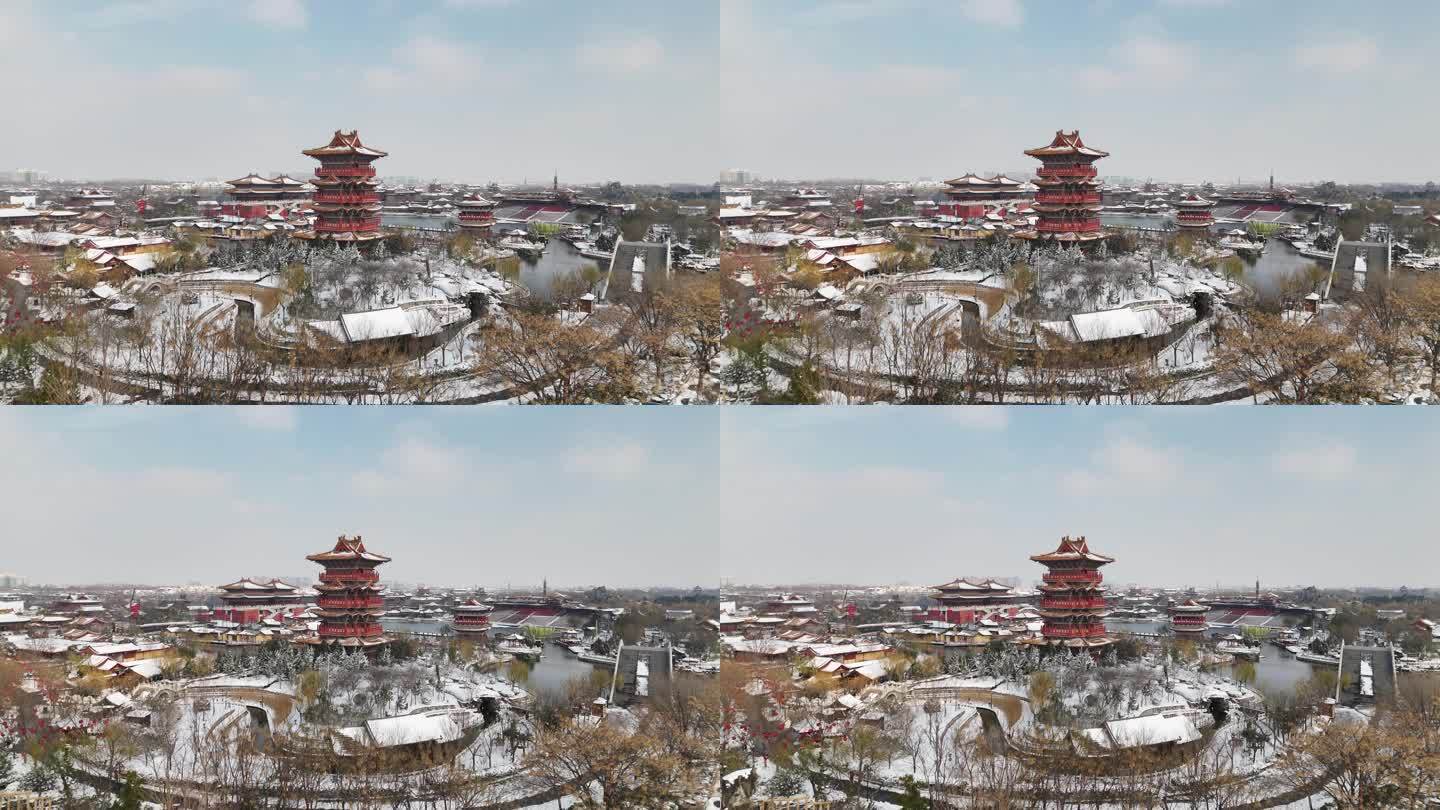 开封地标雪景开封清明上河园雪景航拍