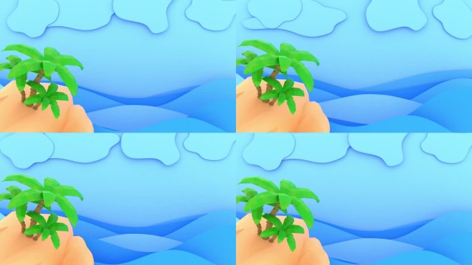沙岛上有棕榈树，靠海，卡通风格