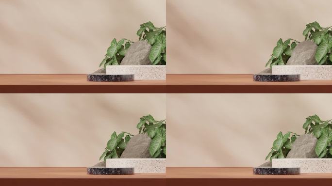 大理石和水磨石讲台循环无缝阴影动画与绿色植物和岩石，渲染3d素材空白模型