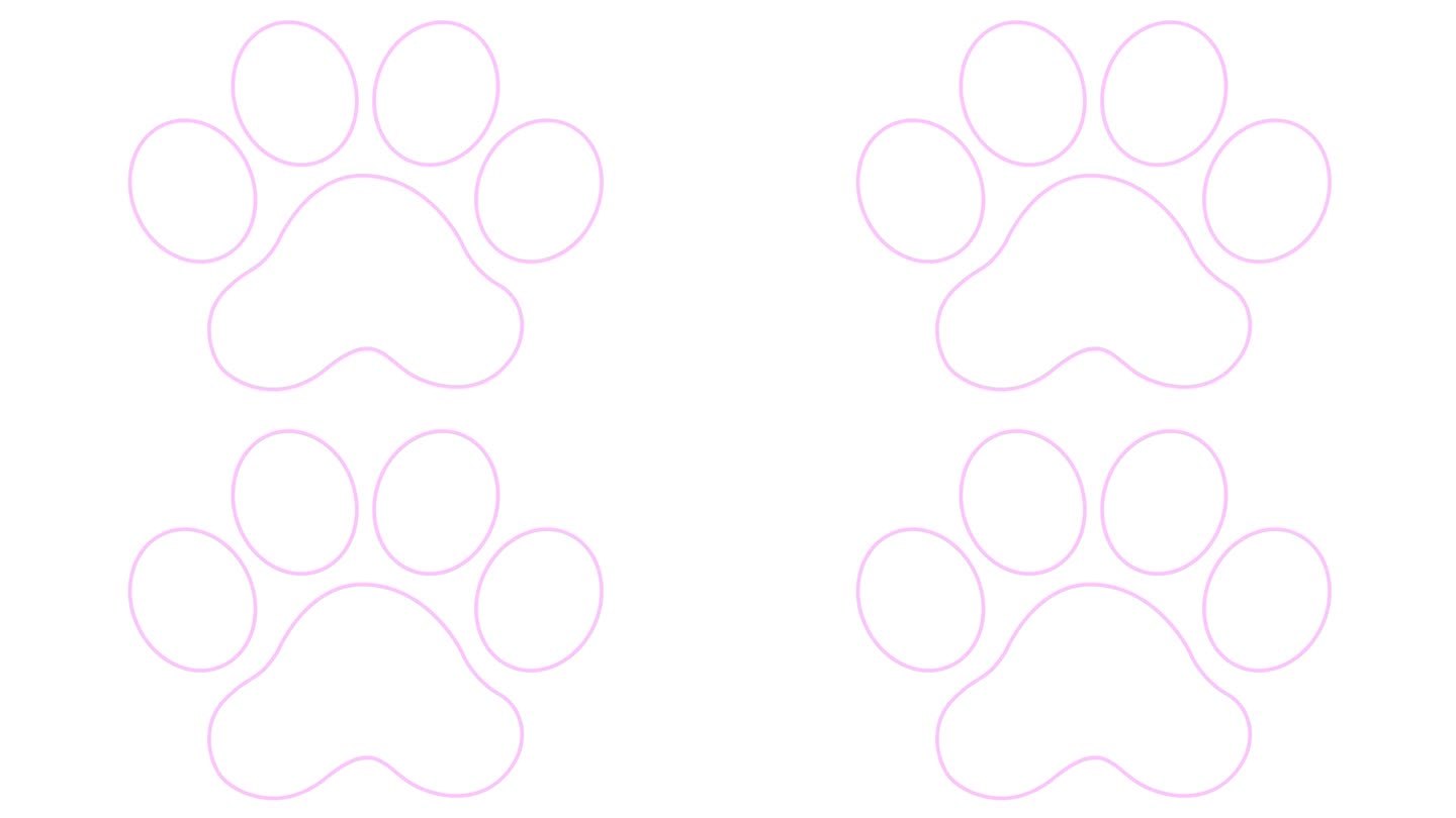 动画线性猫粉红色足迹。一个猫爪印出现了。毛圈的视频。矢量插图隔离在白色背景上