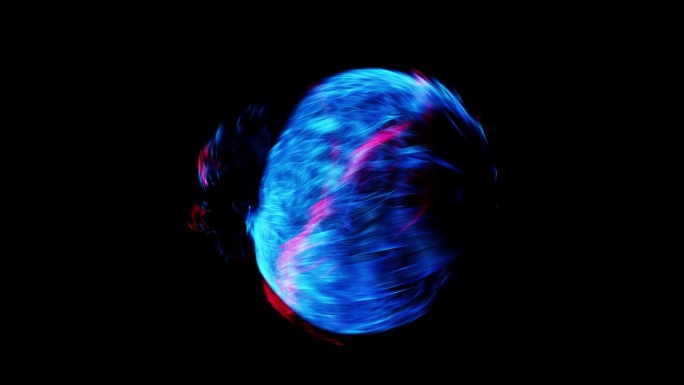 流体粒子在球体中运动的运动图形。完美的VJ和视觉循环的背景和标志。蓝色和白色的元素随着湍流移动。4K