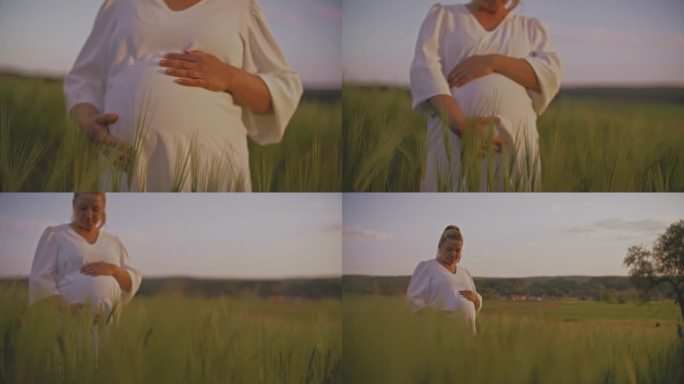 近距离拍摄一名孕妇在农村麦田里按摩腹部