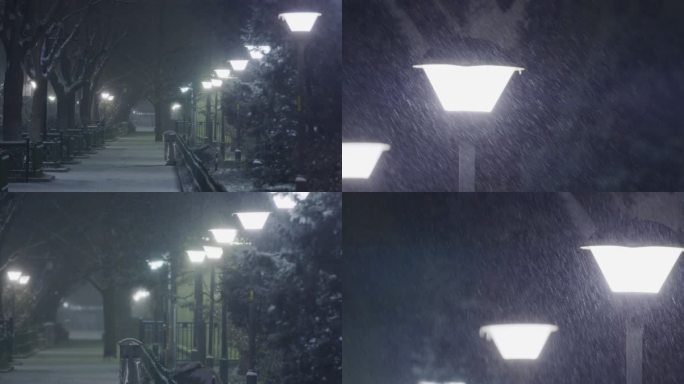 城市小区冬夜晚上雪景 雪夜空镜下雪街道