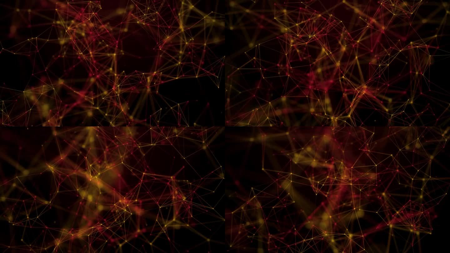 抽象运动几何空间金色红光泽选定焦点随机连接线和点数字线框网络