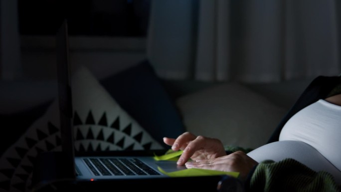 孕妇晚上在客厅沙发上使用笔记本电脑