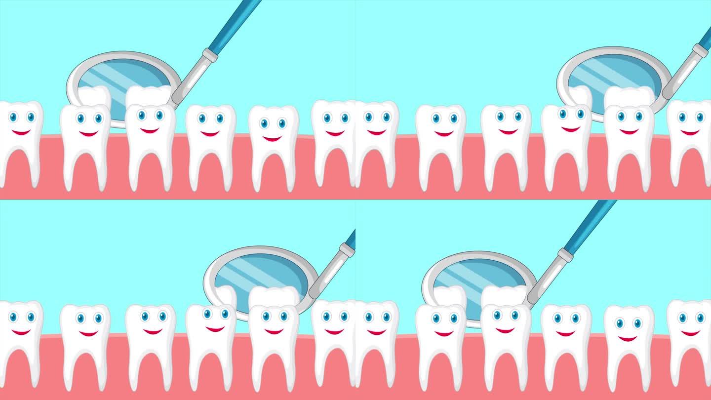 牙齿卡通动画牙龈用白色健康牙齿检查。