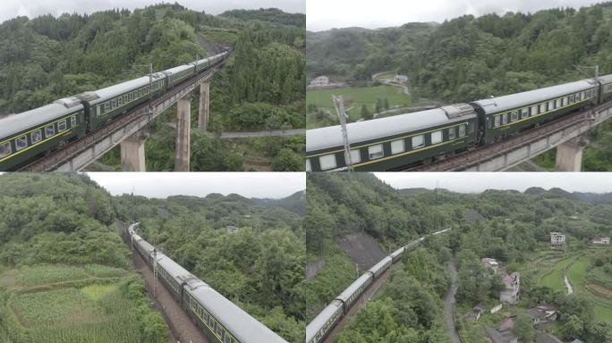 4K山间穿过的绿皮车航拍 追踪