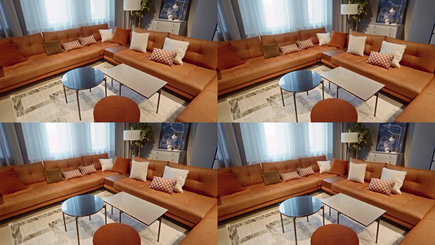 客厅内部用橙色的角沙发