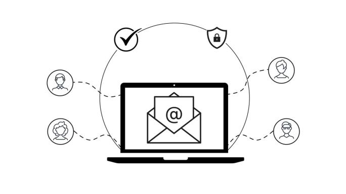 电子邮件营销概念动画与笔记本电脑和打开信封与客户档案目标。从笔记本电脑屏幕发送安全电子邮件。轮廓设计