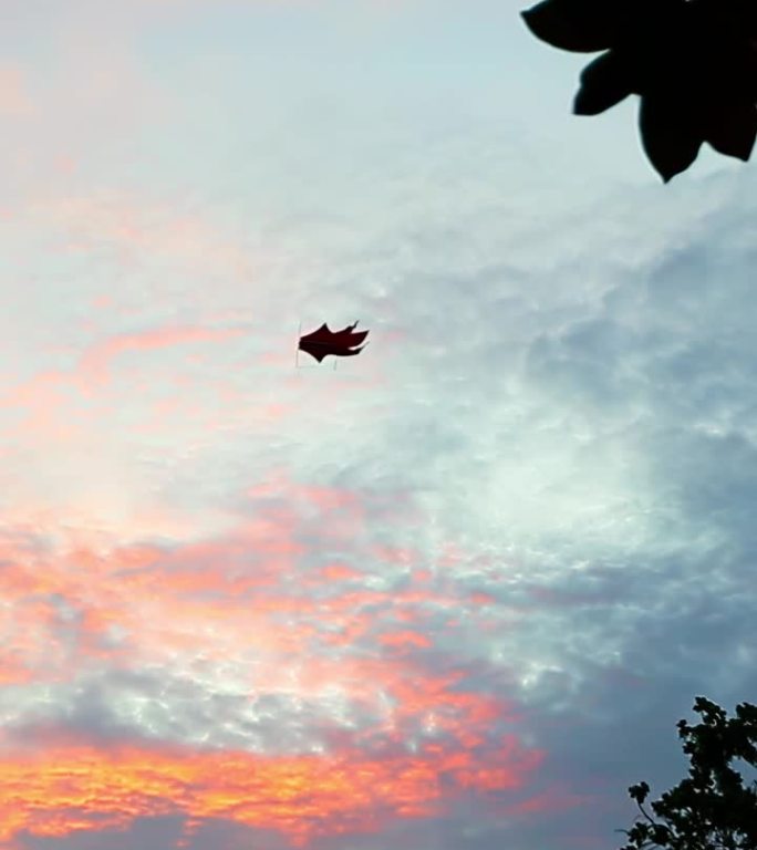 一只风筝垂直漂浮在淡紫色和粉色的夕阳天空上