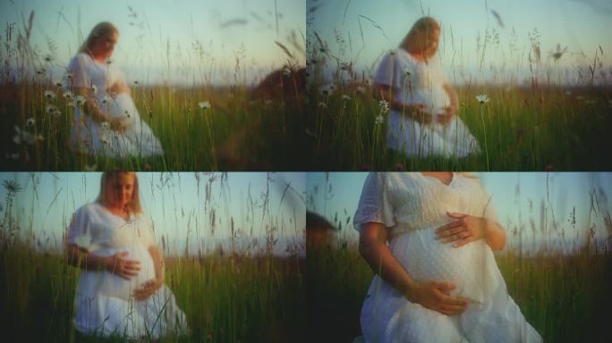 身着白衣的孕妇在乡间的雏菊后面放松