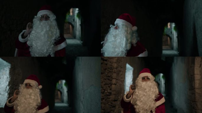 圣诞夜，圣诞老人在村子里转悠。