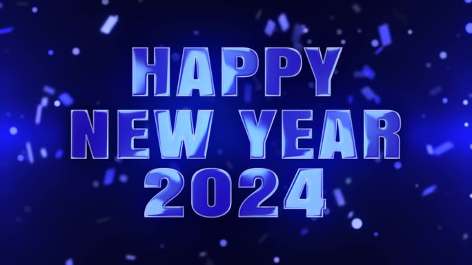 2024新年快乐文字动画。豪华的蓝色字母与金属光反射明亮的蓝色圣诞和新年背景与闪亮的颗粒散景。圣诞新