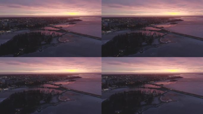 无人机拍摄的俄罗斯喀琅施塔得港口城市壮丽的日落天空