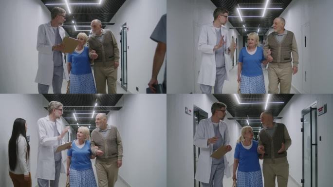 医生在门诊走廊与老年病人讨论体格检查