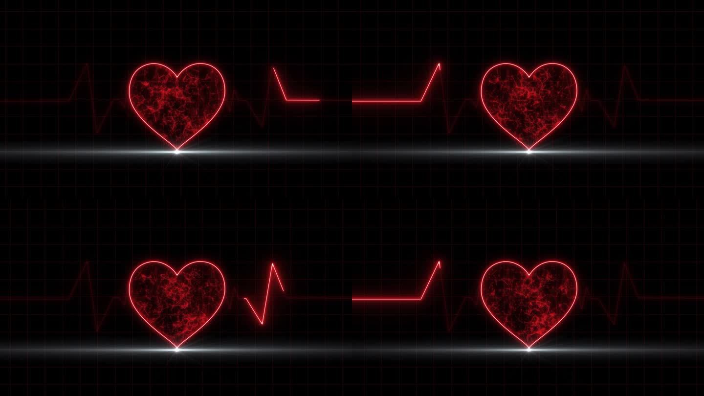 心脏跳动加上移动动画医学背景，发光的霓虹灯心脏脉冲移动，心电图医学心脏跳动在黑色背景。心跳移动速率心