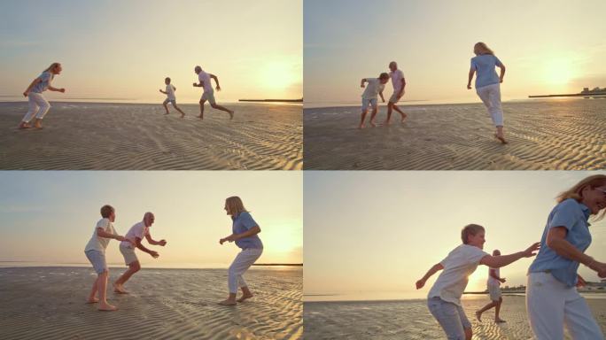 日落时分，爷爷奶奶和孙子赤脚在沙滩上奔跑