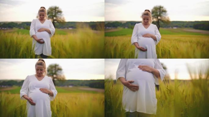 身着白衣的孕妇站在农村的麦田里