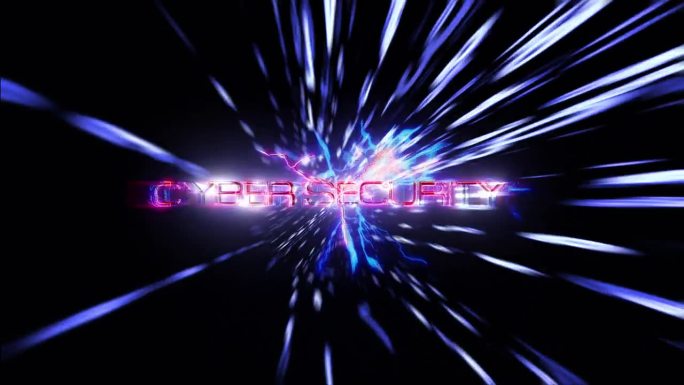 网络安全辉光霓虹粉色文字光运动效果电影标题预告片在数字隧道动画黑色抽象背景。