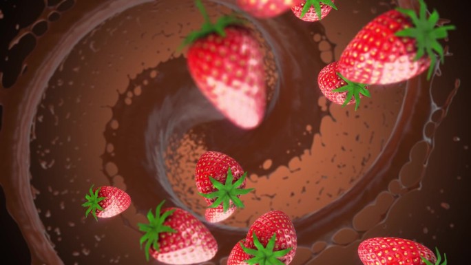 巧克力旋风。下降的草莓。广告。从上面看。