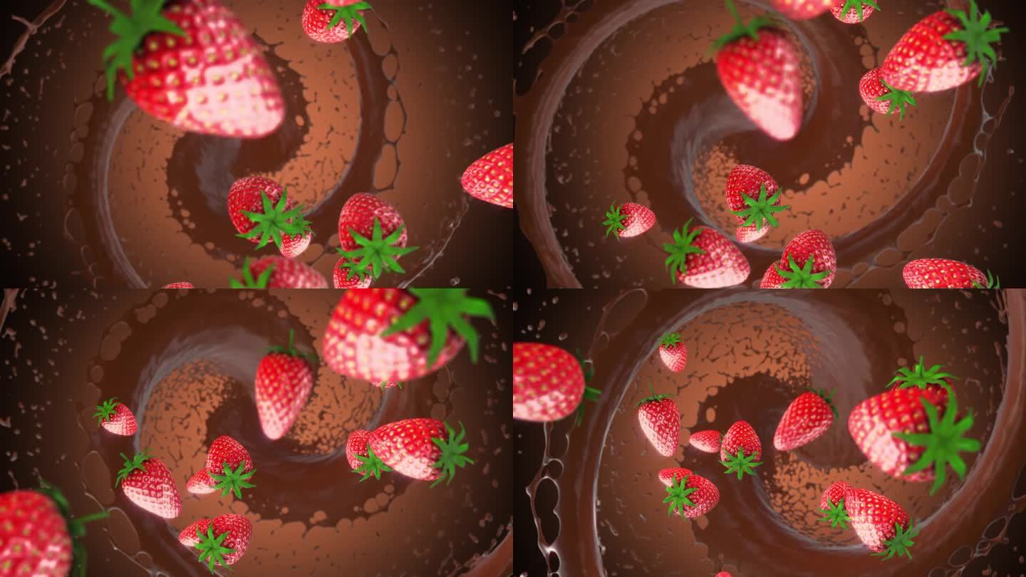 巧克力旋风。下降的草莓。广告。从上面看。