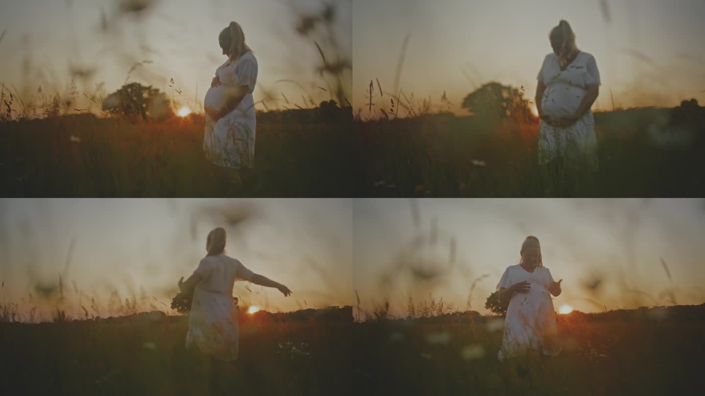 日出时分，身着白衣的孕妇走在田园诗般的田野里