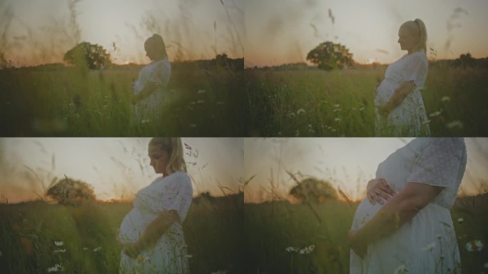在田园诗般的乡村田野里，一位身穿白色连衣裙的孕妇站在高高的草地上
