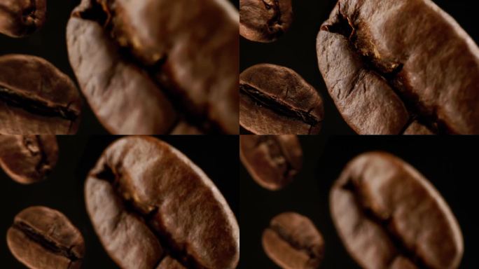 咖啡豆落在黑色背景上的慢动作